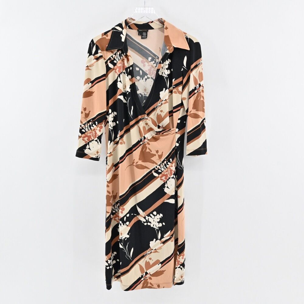 BCBGMAXAZRIA Dress‎ Sz L Brown Stripe Floral Collared Faux Wrap Long Sleeve Midi - Picture 2 of 12